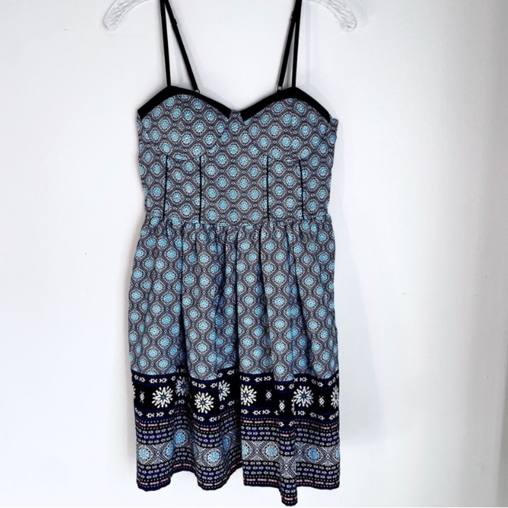 Blue Patterned Mini Dress with Spaghetti Straps